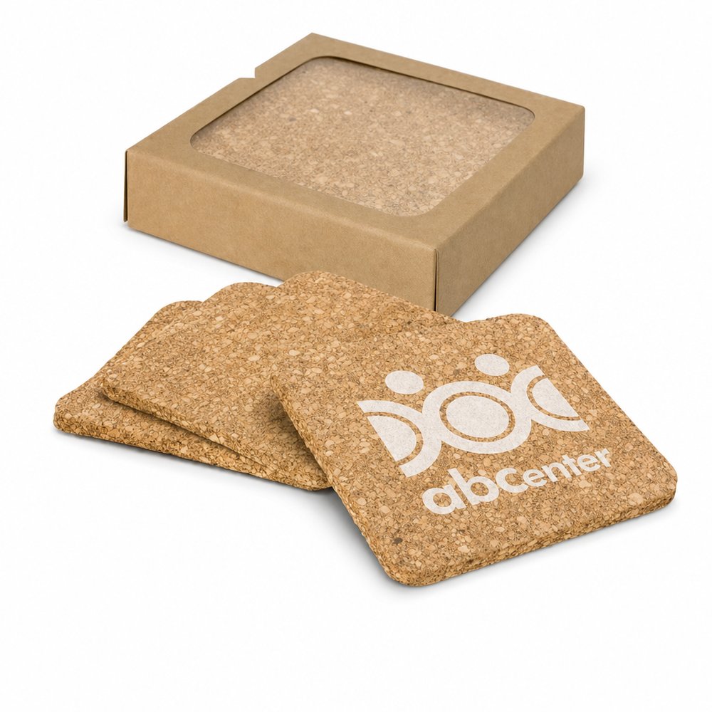 Branded Cork Coaster Set — Square, Boxed Four