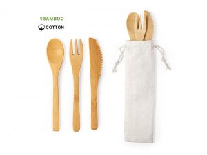 Promotional Bamboo Cutlery Sets In Cotton Pouch