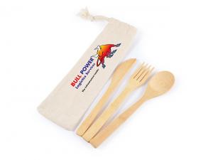 Promotional Bamboo Cutlery Sets In Calico Pouch