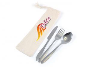 Promotional Stainless Steel Cutlery Sets In Calico Pouch