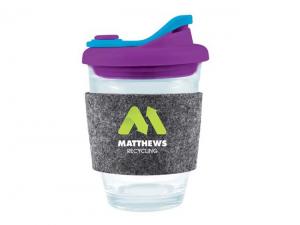 Promotional 320ml Glass Reusable Coffee Cups With Snap Lid